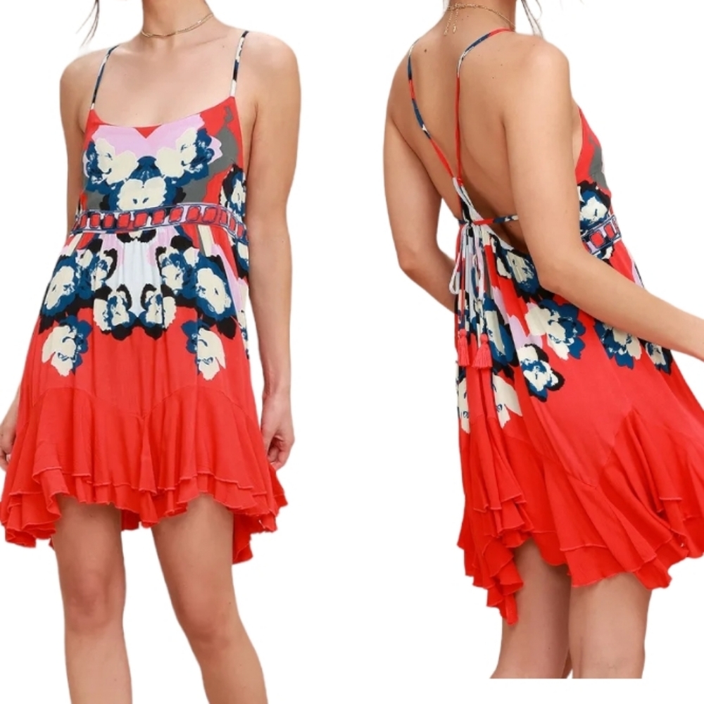 Free People Sweet Lucy Coral Red Print Slip Dress Size L